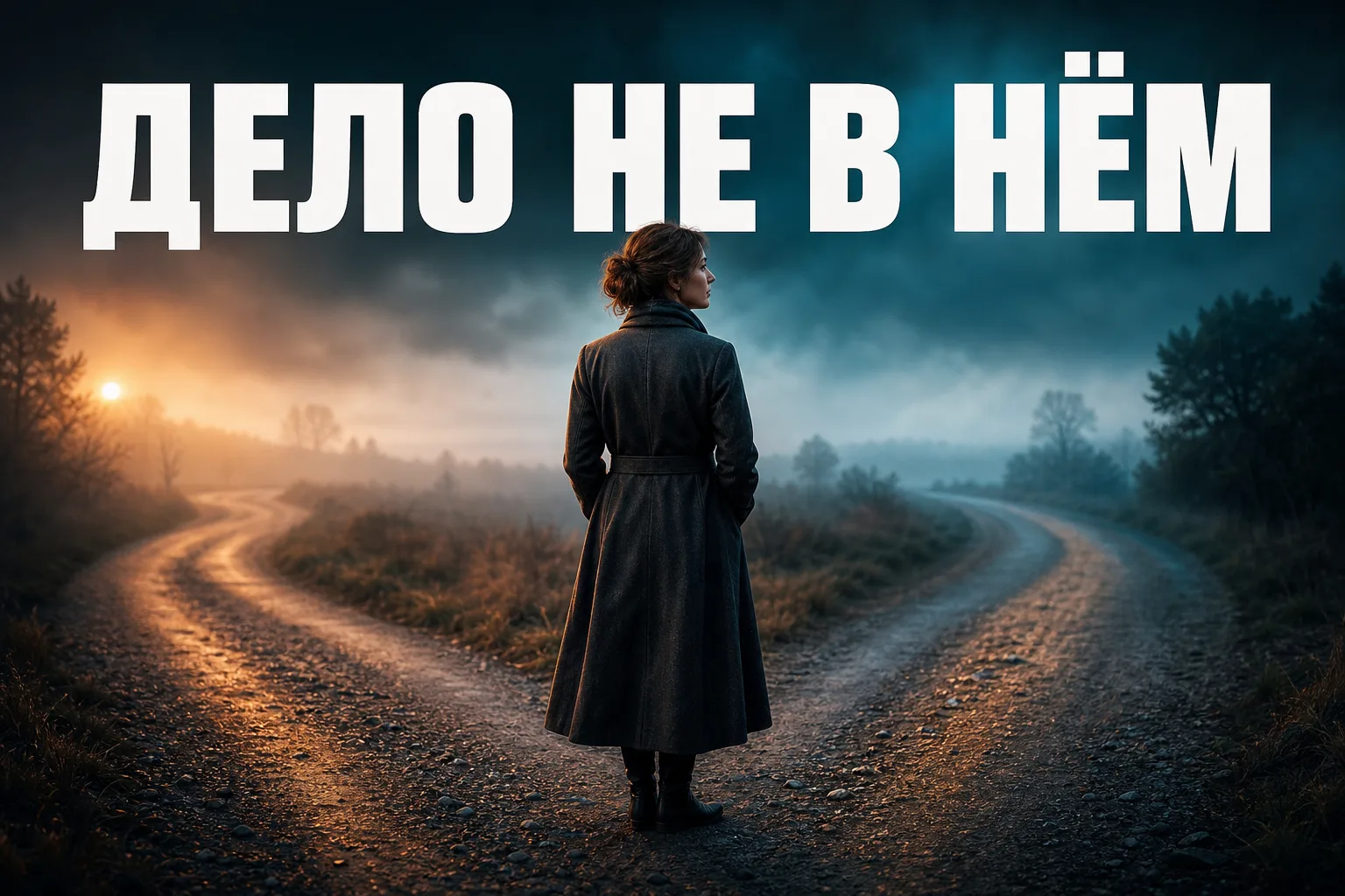 Женщина стоит на развилке двух дорог в сумерках — уйти или остаться
